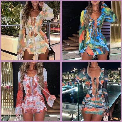 European and American style women's new long sleeve strap Street printed hot girl hip dress mesh INS cross-border
