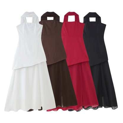 European and American temperament sleeveless tube top dress for women beach vacation fashion mesh splicing flowing slit long skirt foreign trade