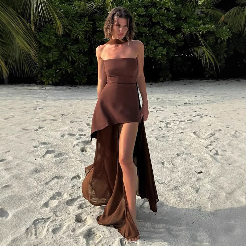 European and American temperament sleeveless tube top dress for women beach vacation fashion mesh splicing flowing slit long skirt foreign trade