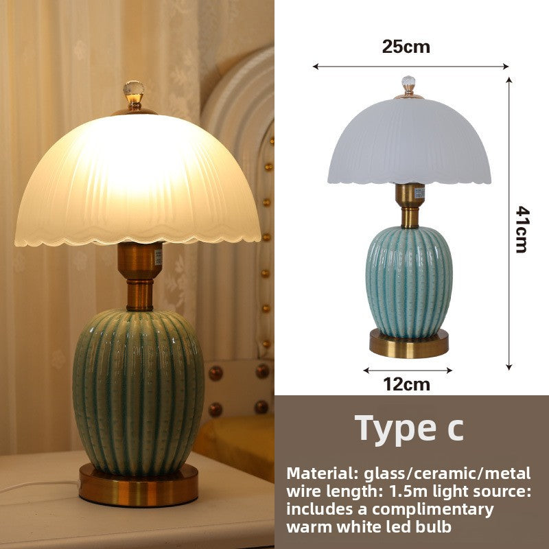 European Ceramic Bedside Table Lamp with Glass Shade