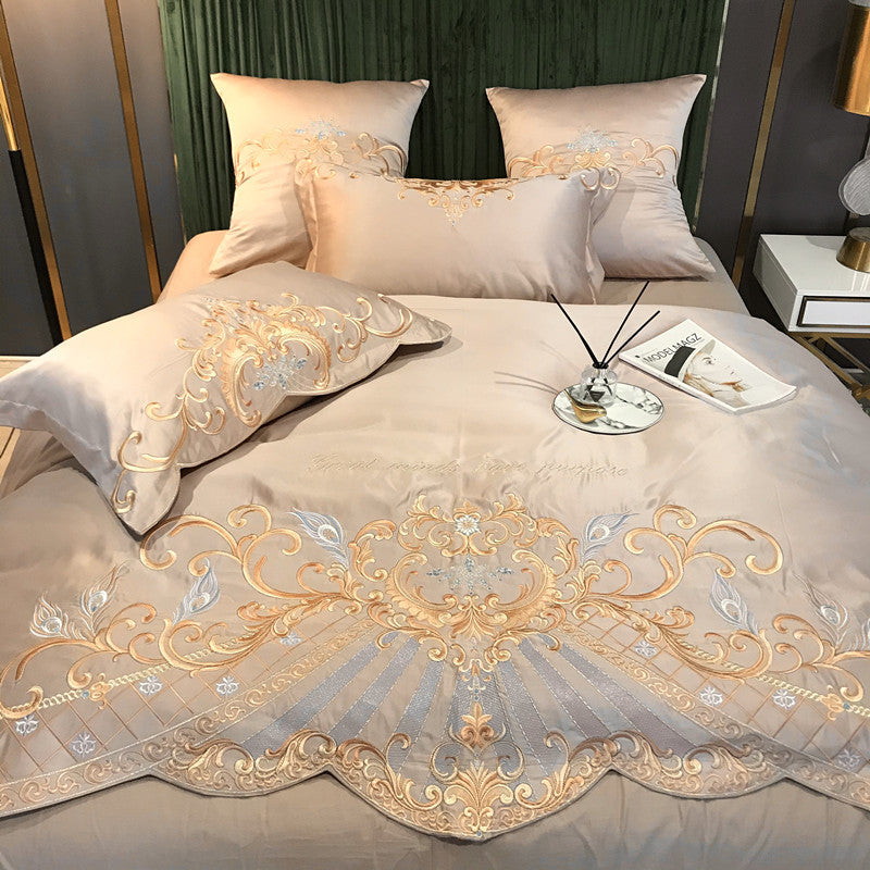 European High-End Luxury Embroidered Wedding Four-Piece Set of Pure Cotton Bed Sheetss Washed Silk Quilt Cover Wedding Bedding