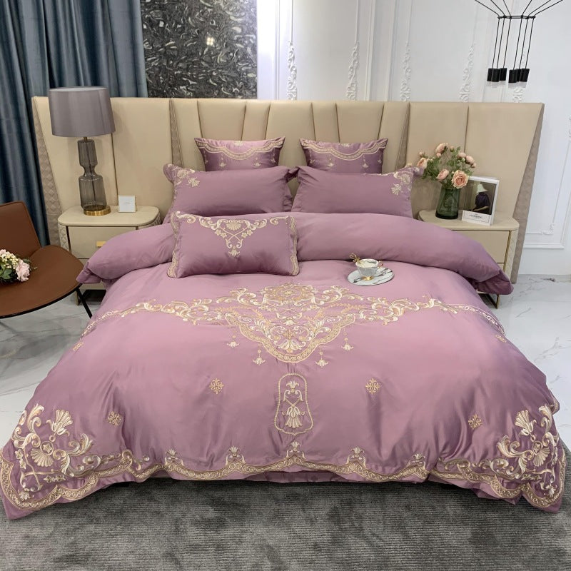 European High-End Luxury Embroidered Wedding Four-Piece Set of Pure Cotton Bed Sheetss Washed Silk Quilt Cover Wedding Bedding