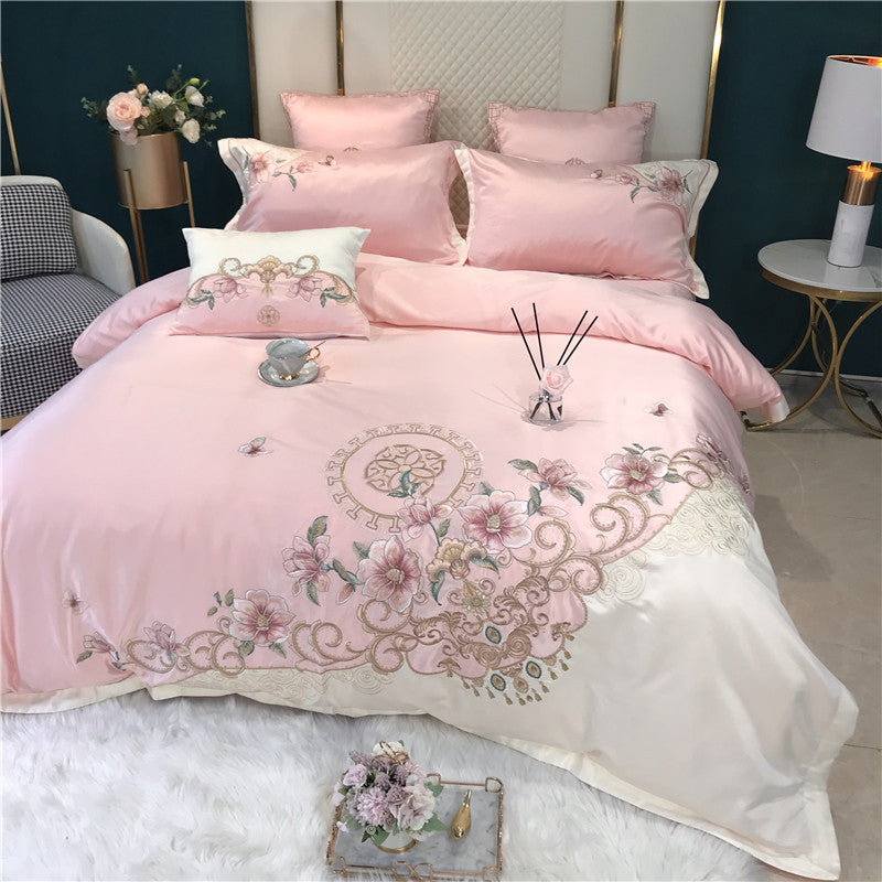 European High-End Luxury Embroidered Wedding Four-Piece Set of Pure Cotton Bed Sheetss Washed Silk Quilt Cover Wedding Bedding