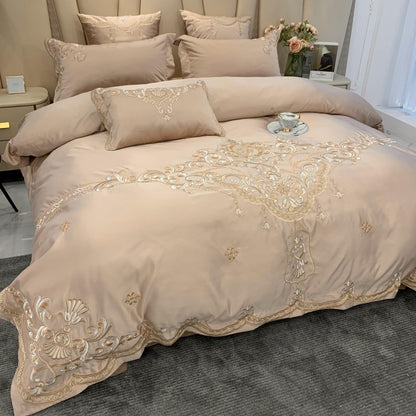 European High-End Luxury Embroidered Wedding Four-Piece Set of Pure Cotton Bed Sheetss Washed Silk Quilt Cover Wedding Bedding
