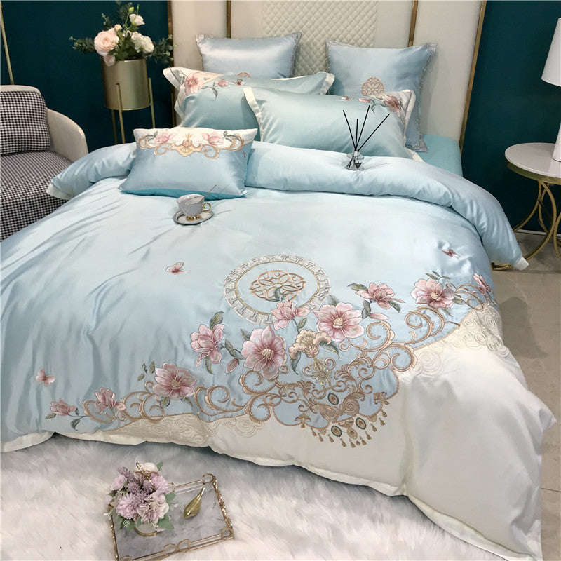 European High-End Luxury Embroidered Wedding Four-Piece Set of Pure Cotton Bed Sheetss Washed Silk Quilt Cover Wedding Bedding