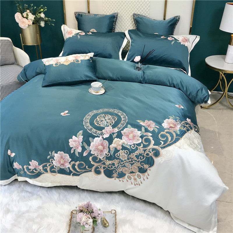 European High-End Luxury Embroidered Wedding Four-Piece Set of Pure Cotton Bed Sheetss Washed Silk Quilt Cover Wedding Bedding
