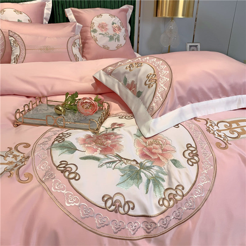European High-End Luxury Embroidered Wedding Four-Piece Set of Pure Cotton Bed Sheetss Washed Silk Quilt Cover Wedding Bedding