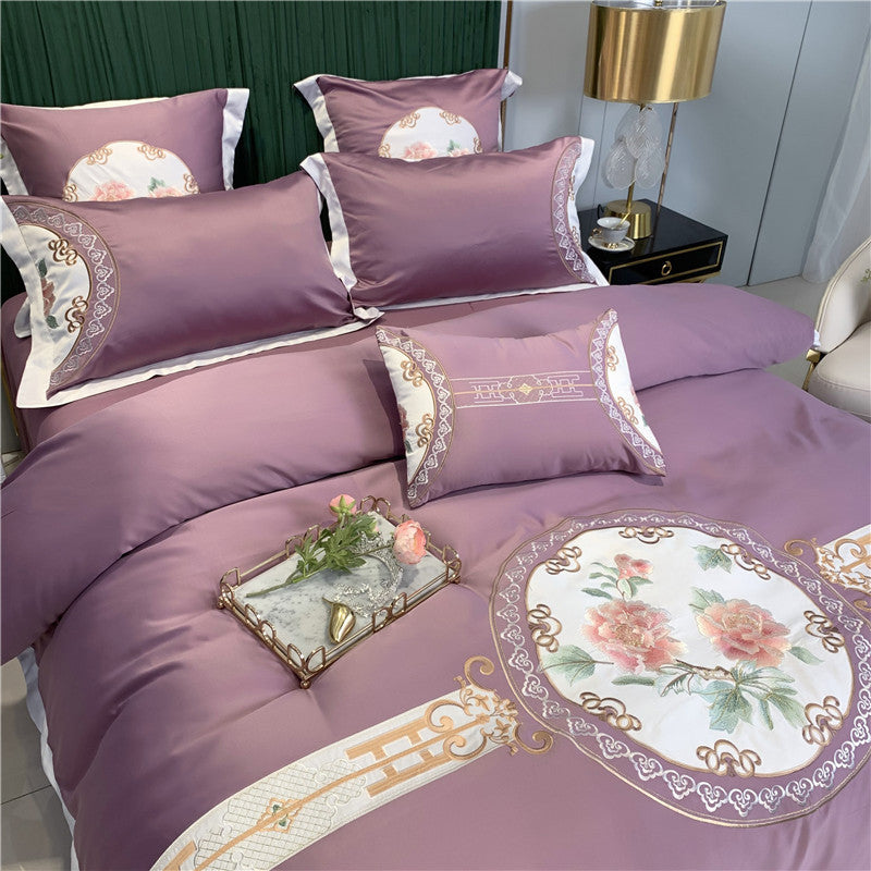 European High-End Luxury Embroidered Wedding Four-Piece Set of Pure Cotton Bed Sheetss Washed Silk Quilt Cover Wedding Bedding
