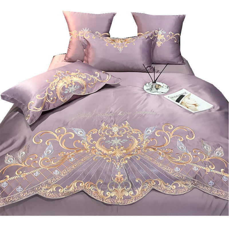 European High-End Luxury Embroidered Wedding Four-Piece Set of Pure Cotton Bed Sheetss Washed Silk Quilt Cover Wedding Bedding