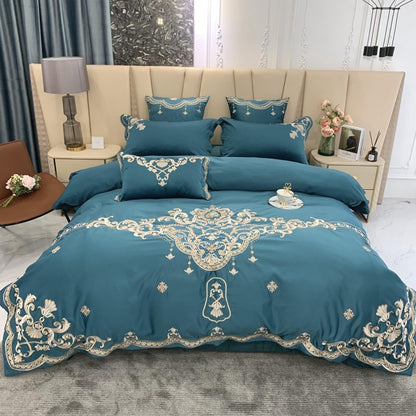 European High-End Luxury Embroidered Wedding Four-Piece Set of Pure Cotton Bed Sheetss Washed Silk Quilt Cover Wedding Bedding