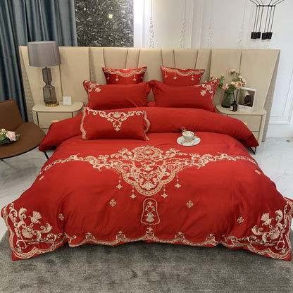 European High-End Luxury Embroidered Wedding Four-Piece Set of Pure Cotton Bed Sheetss Washed Silk Quilt Cover Wedding Bedding