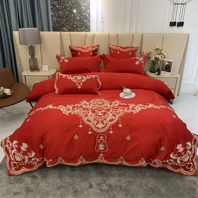European High-End Luxury Embroidered Wedding Four-Piece Set of Pure Cotton Bed Sheetss Washed Silk Quilt Cover Wedding Bedding