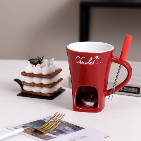 European Red Ceramic Melting Pot Cup with Fork