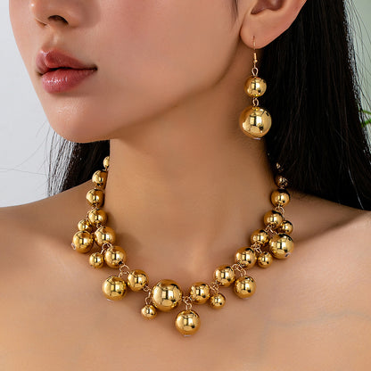 Exaggerated Gold Metal Ball Bead Necklace and Earring