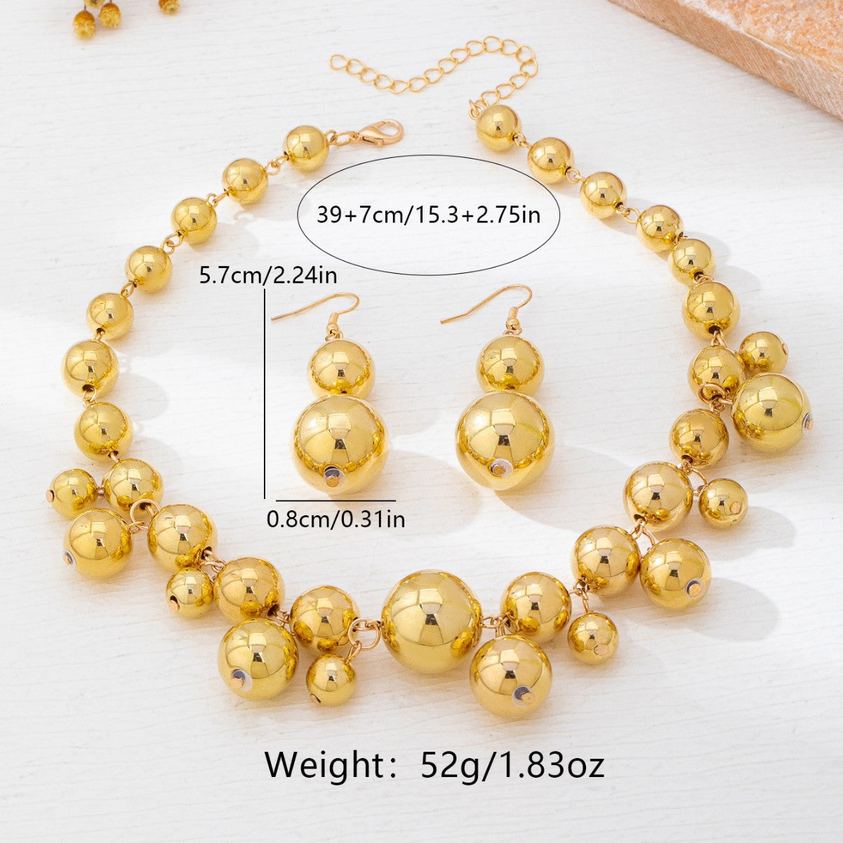 Exaggerated Gold Metal Ball Bead Necklace and Earring