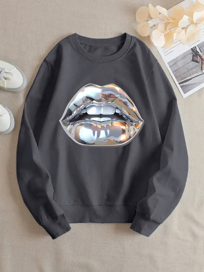 Buy Women’s Cartoon Silver Lip-Printed Sweatshirt for Casual Wear