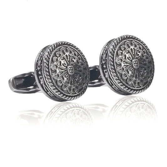 Carved Antique Silver Greek Royal Pattern Cufflinks  High-End