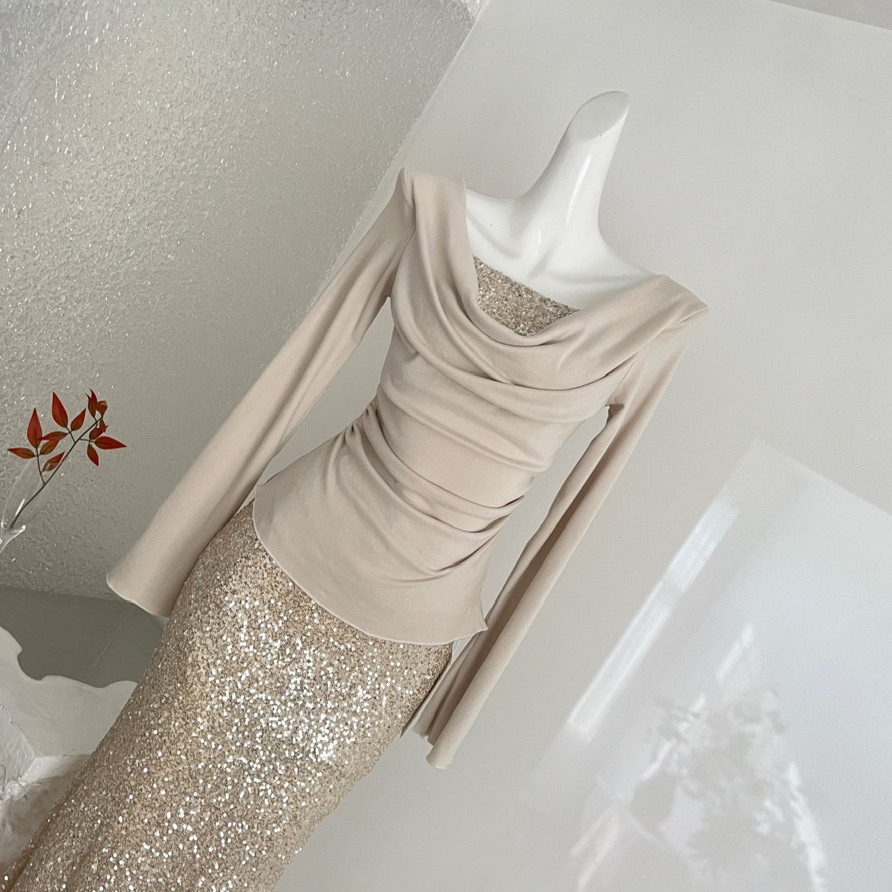 Women’s Champagne Gold Sequin Evening Dress Two-Piece Set