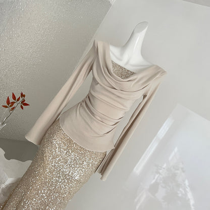 Women’s Champagne Gold Sequin Evening Dress Two-Piece Set
