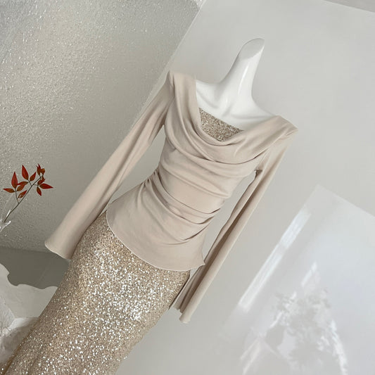 Women’s Champagne Gold Sequin Evening Dress Two-Piece Set