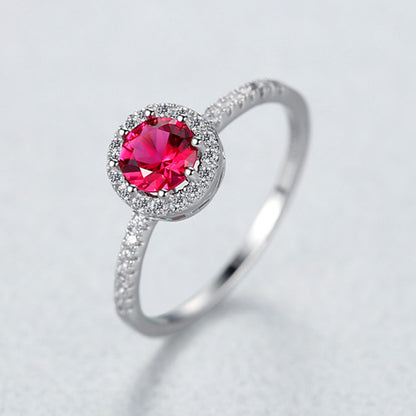 925 Silver Single-Row Diamond Ruby Ring for Women