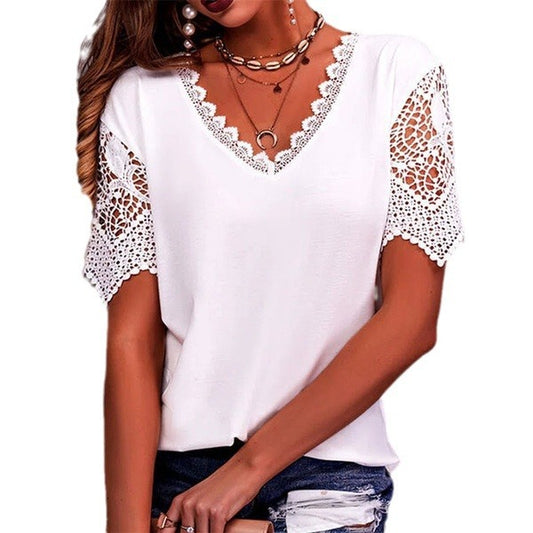 Womens Lace Trim V-Neck Short Sleeve T-Shirt