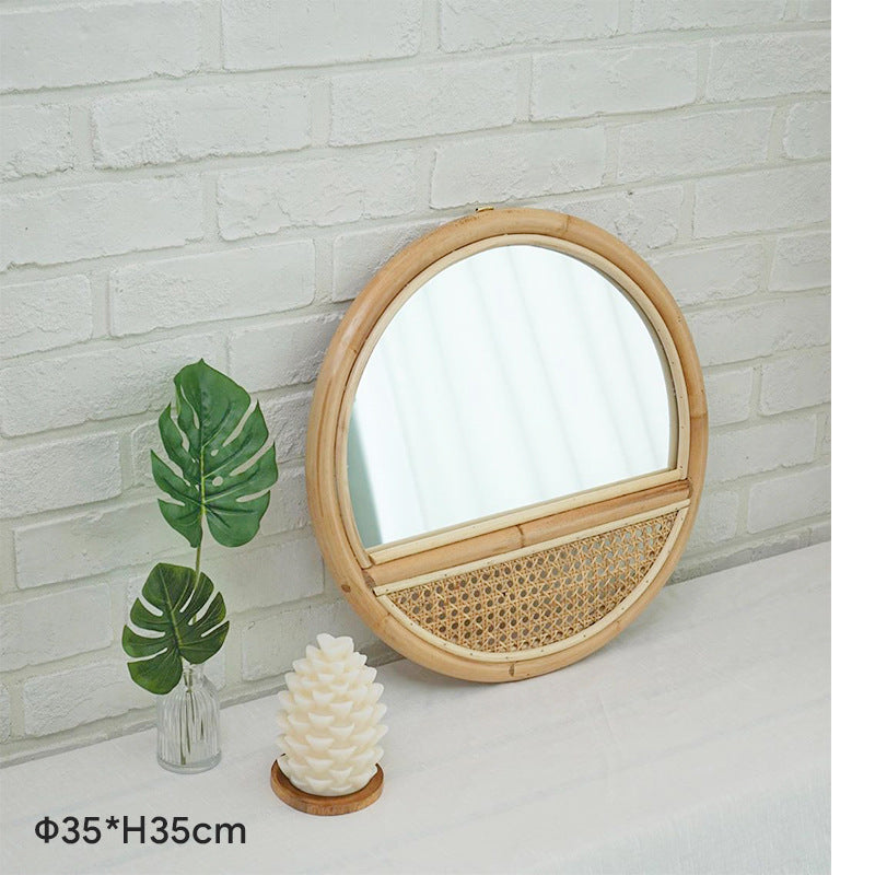 Round Vintage Rattan Makeup Mirror – Stylish Handmade Korean Design