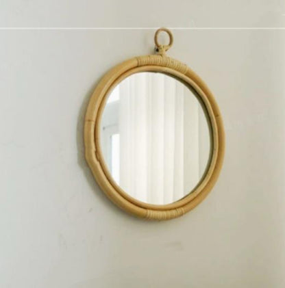 Round Vintage Rattan Makeup Mirror – Stylish Handmade Korean Design