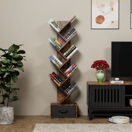 9 Tier Tree Bookshelf with Drawer for Home Office Storage
