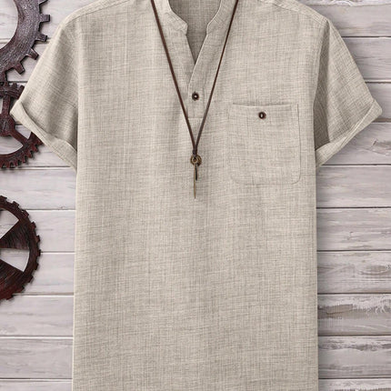 Men’s Casual Short-Sleeve Solid-Color Shirt Turn-Down Collar