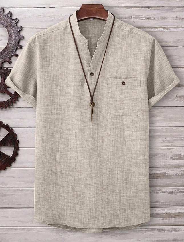 Men’s Casual Short-Sleeve Solid-Color Shirt Turn-Down Collar