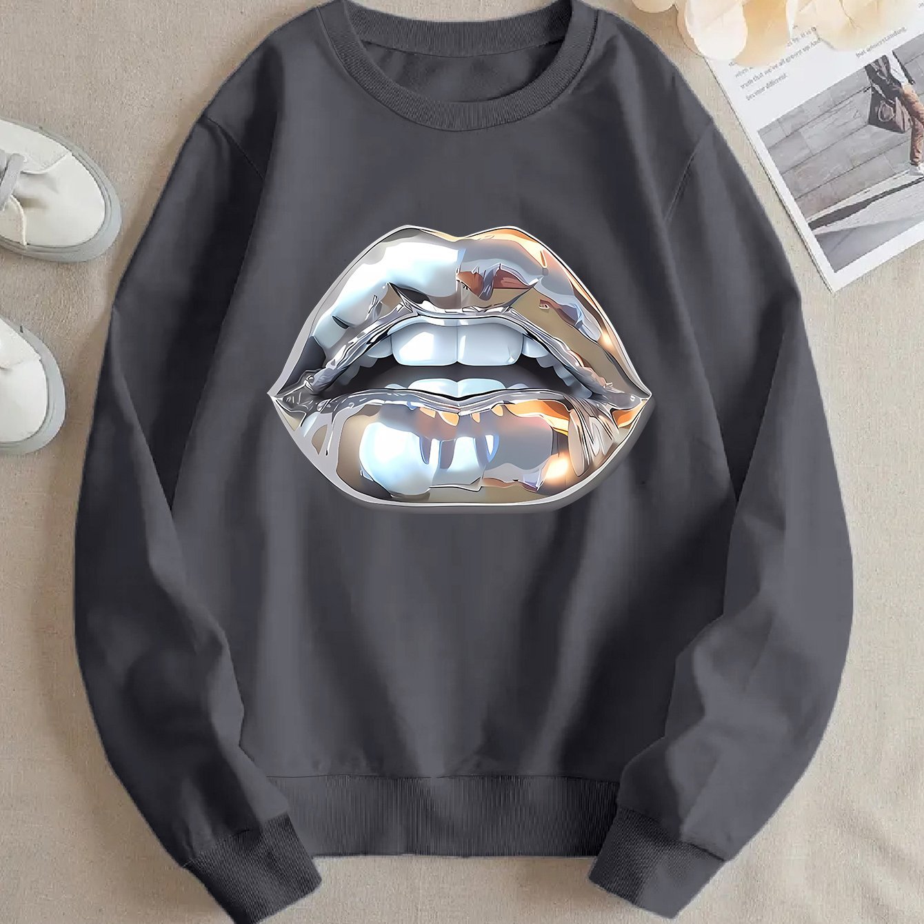 Buy Women’s Cartoon Silver Lip-Printed Sweatshirt for Casual Wear