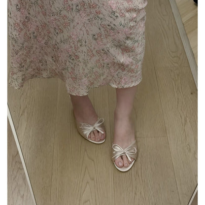 Fairy-Style Bow-Knot Satin Open-Toe High-Heeled Slippers for Women Summer