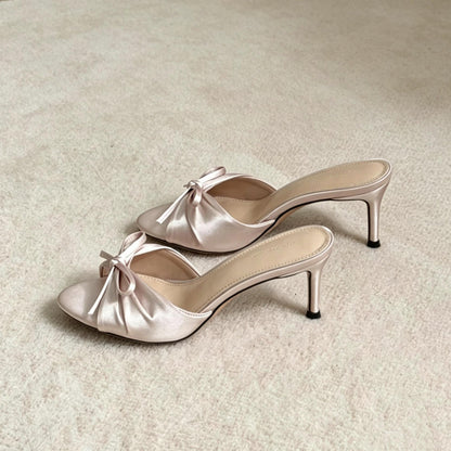 Fairy-Style Bow-Knot Satin Open-Toe High-Heeled Slippers for Women Summer