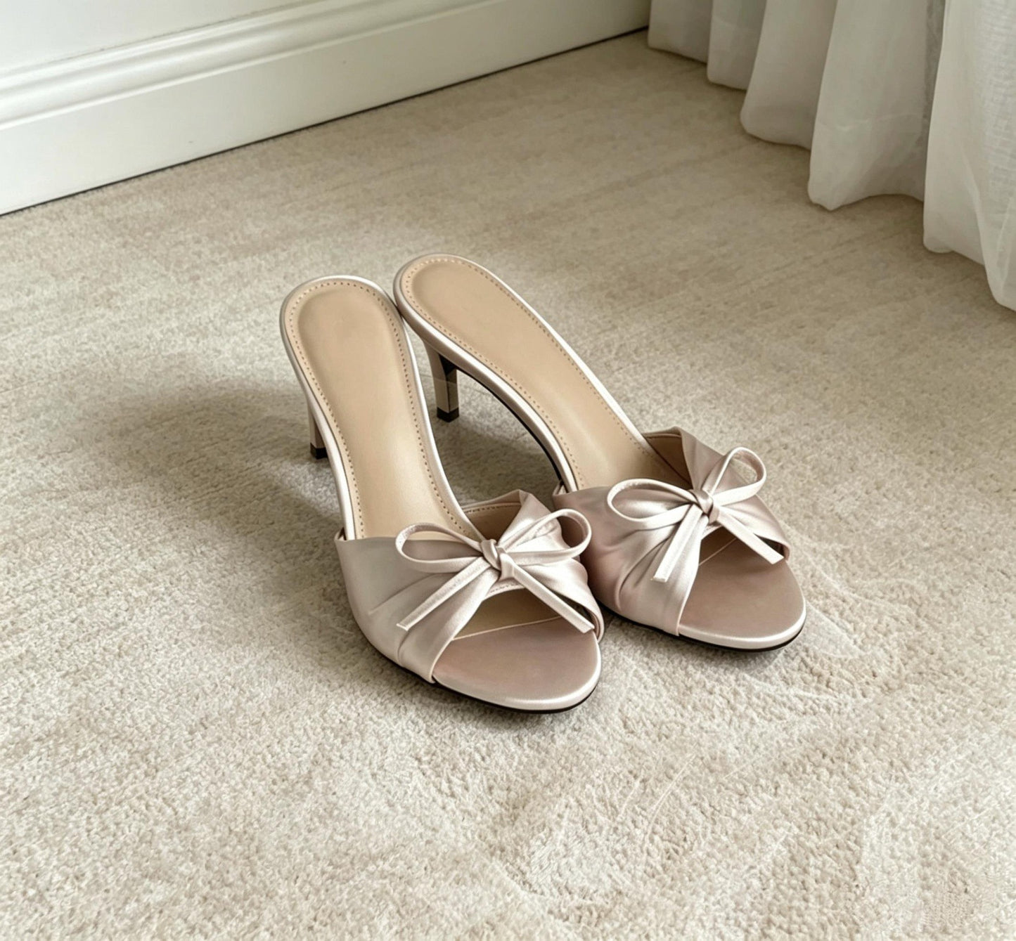 Fairy-Style Bow-Knot Satin Open-Toe High-Heeled Slippers for Women Summer