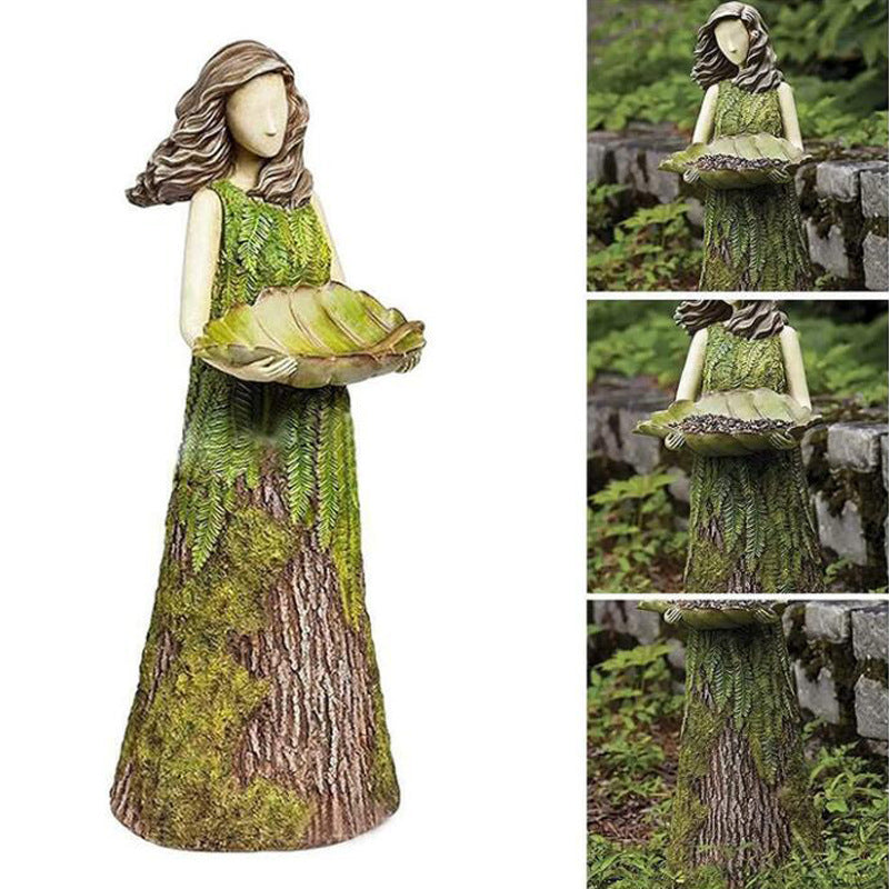 Fairy Tale Forest Girl Bird Feeder Resin Crafts Outdoor Garden Statue Courtyard Lawn Decorative Resin Ornaments