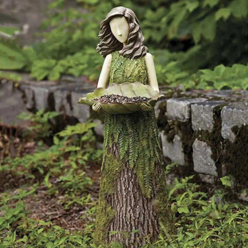 Fairy Tale Forest Girl Bird Feeder Resin Crafts Outdoor Garden Statue Courtyard Lawn Decorative Resin Ornaments