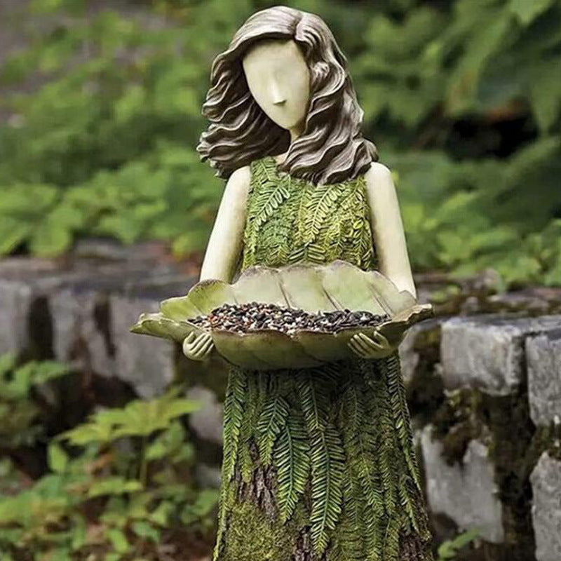 Fairy Tale Forest Girl Bird Feeder Resin Crafts Outdoor Garden Statue Courtyard Lawn Decorative Resin Ornaments