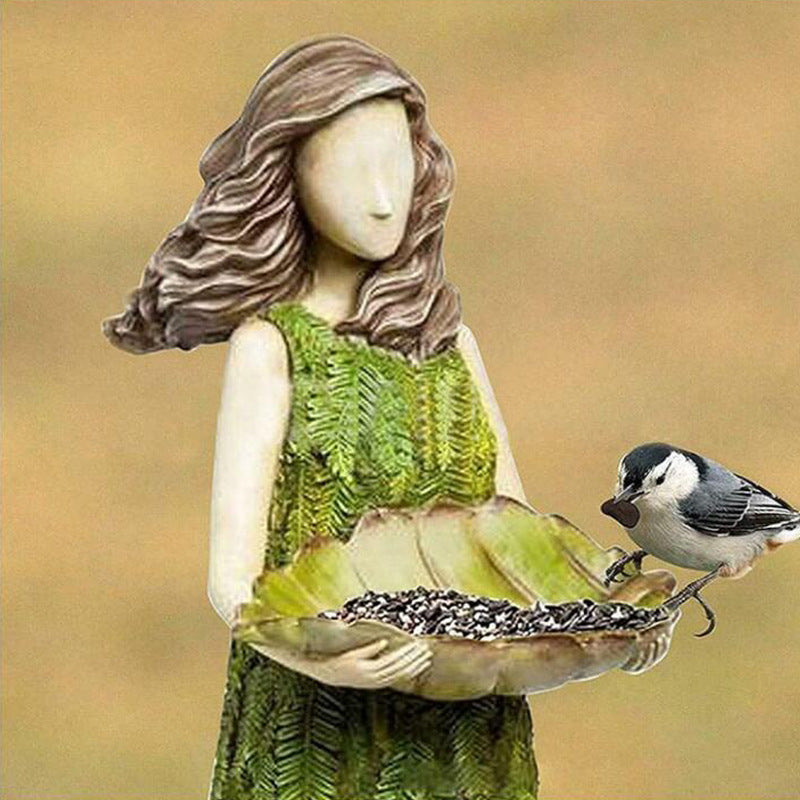 Fairy Tale Forest Girl Bird Feeder Resin Crafts Outdoor Garden Statue Courtyard Lawn Decorative Resin Ornaments