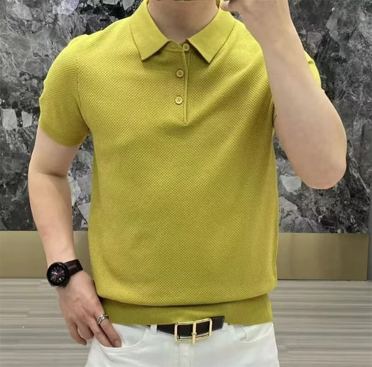 Fashion Casual Lapel Pure Color Polo Shirt Casual Knitted Short-Sleeved Men's Summer New Breathable Trendy Men's T-Shirt