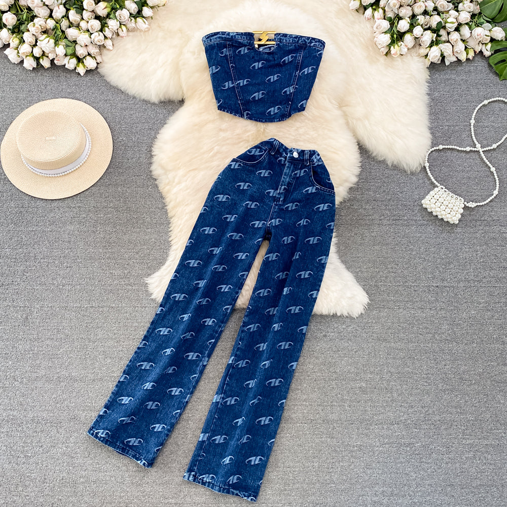 Fashion Denim Vest and High-Waisted Pants Set for Women