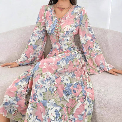 Fashion Floral Print Bell Sleeve Dress