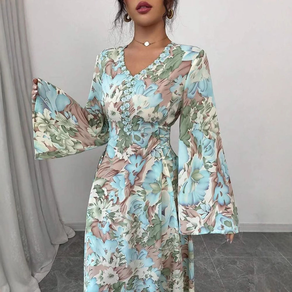 Fashion Floral Print Bell Sleeve Dress