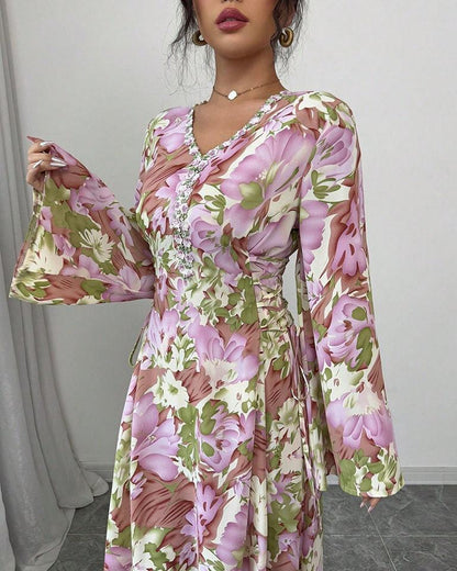 Fashion Floral Print Bell Sleeve Dress