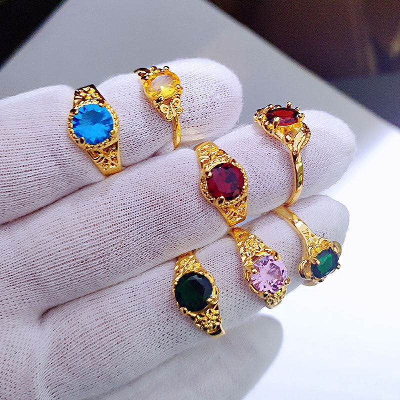 Fashion Four-Claw Zircon Ring with Colored Gemstone
