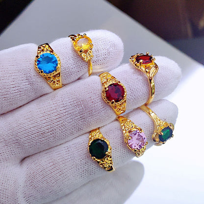 Fashion Four-Claw Zircon Ring with Colored Gemstone
