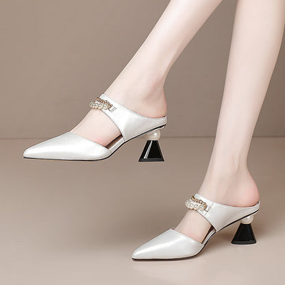 Fashion Pearl Chain Chunky Heel Sandals