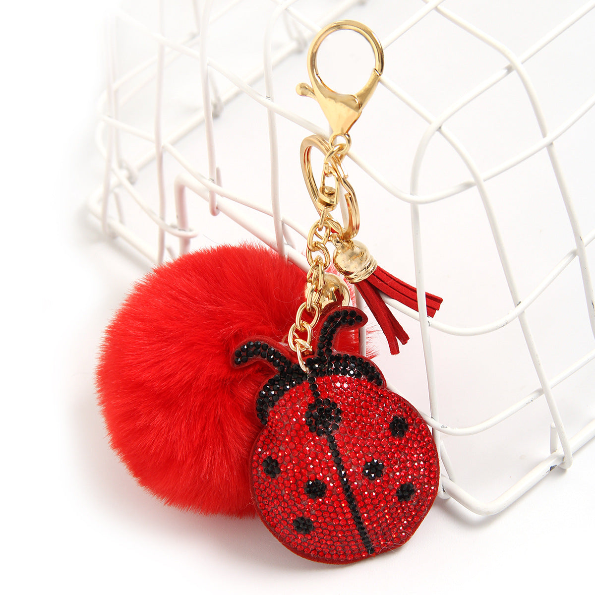 Fashion Plush Ladybug Rhinestone Keychain Pendant