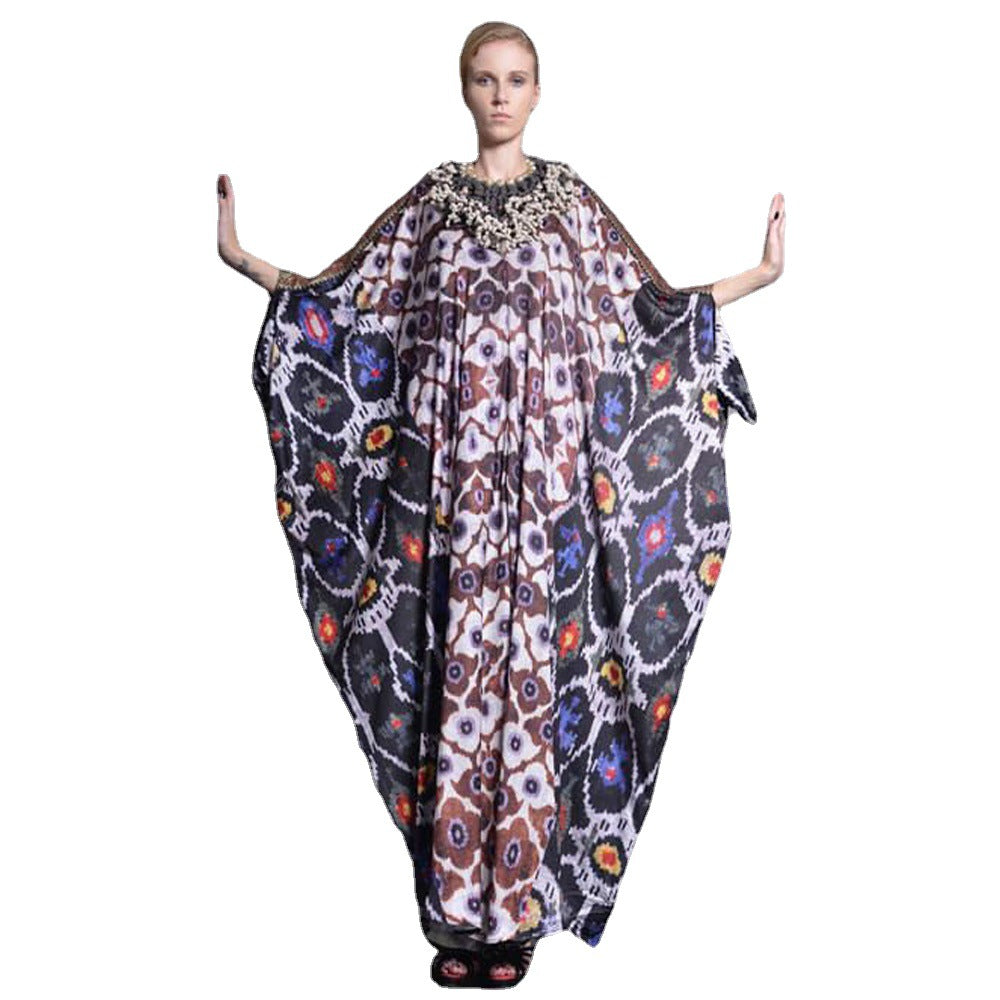 Fashion Printed Long Dress with Bat Sleeves