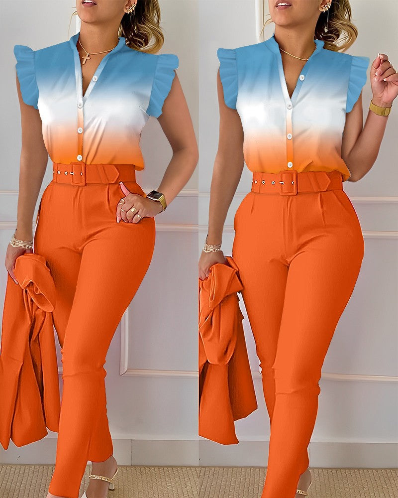 Fashion Printed Lotus Sleeve Top and Pants